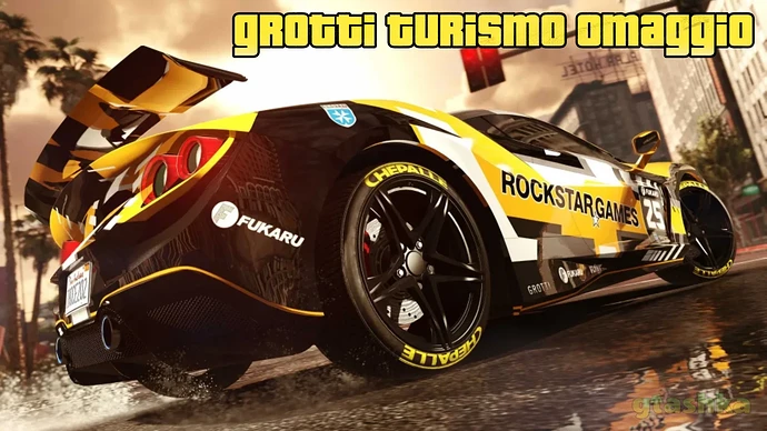Grotti Turismo Omaggio в GTA Online. Машина с раскраской Rockstar Games.